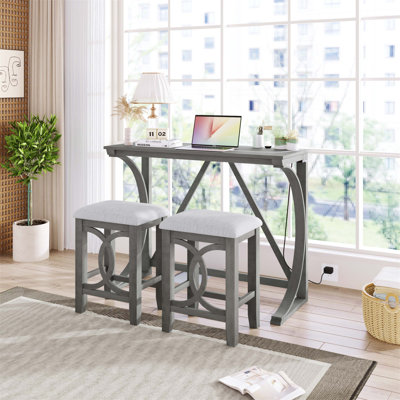 Farmhouse 3-Piece Counter Height Dining Table Set With USB Port And Upholstered Stools, Gray