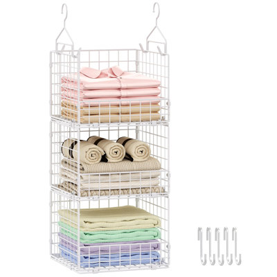3‑Tier Foldable Stackable Wire Mesh Hanging Closet Organizer with 5 S‑Hooks