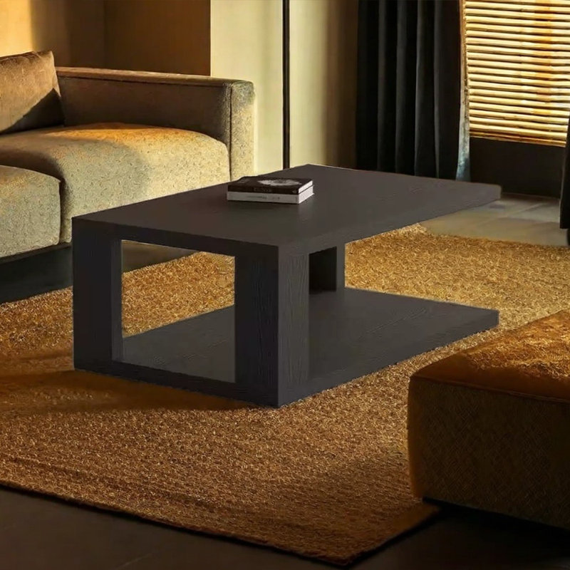 Table basse avec surface en grain de bois naturel épais, H 15,74 po x L 39,37 po x l 21,65 po, Noir