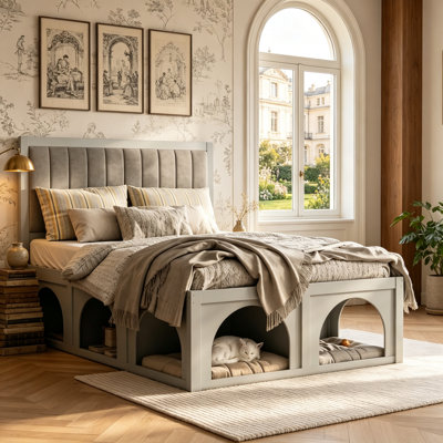 Full Size Pet-Friendly Platform Bed with Under-Bed Nook, Heavy Duty Frame, and Elegant Upholstery
