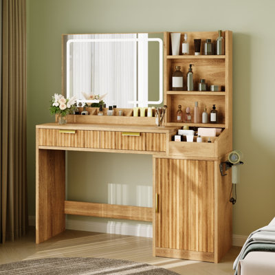 45.5" Fluted Makeup Vanity Desk With Mirror And Lights