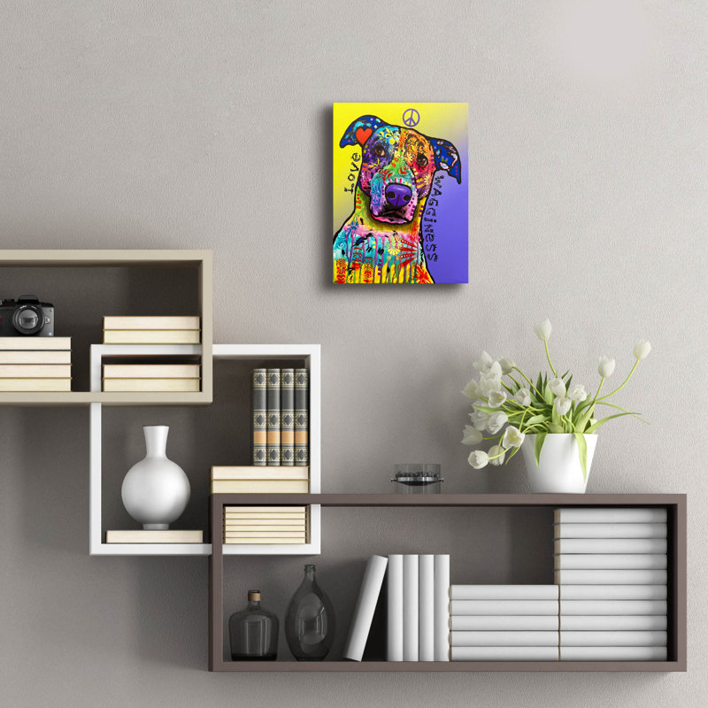 «Peace, Love, Wagginess» par Dean Russo, H 16 po x l 12 po x P 0,13 po