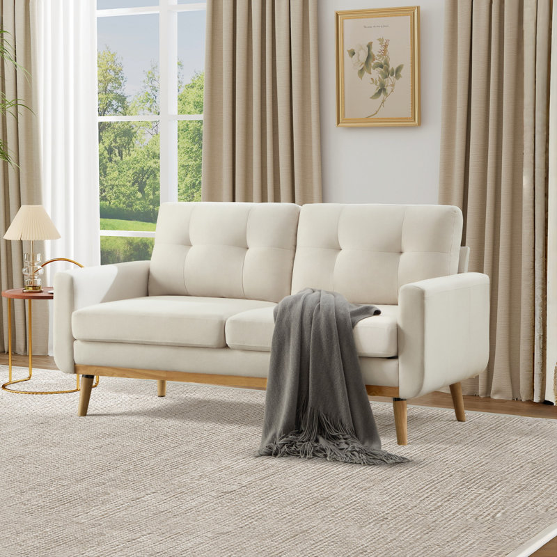Canapé à accoudoirs carrés rembourrés de 65,4 po de largeur avec pieds en bois massif, Beige