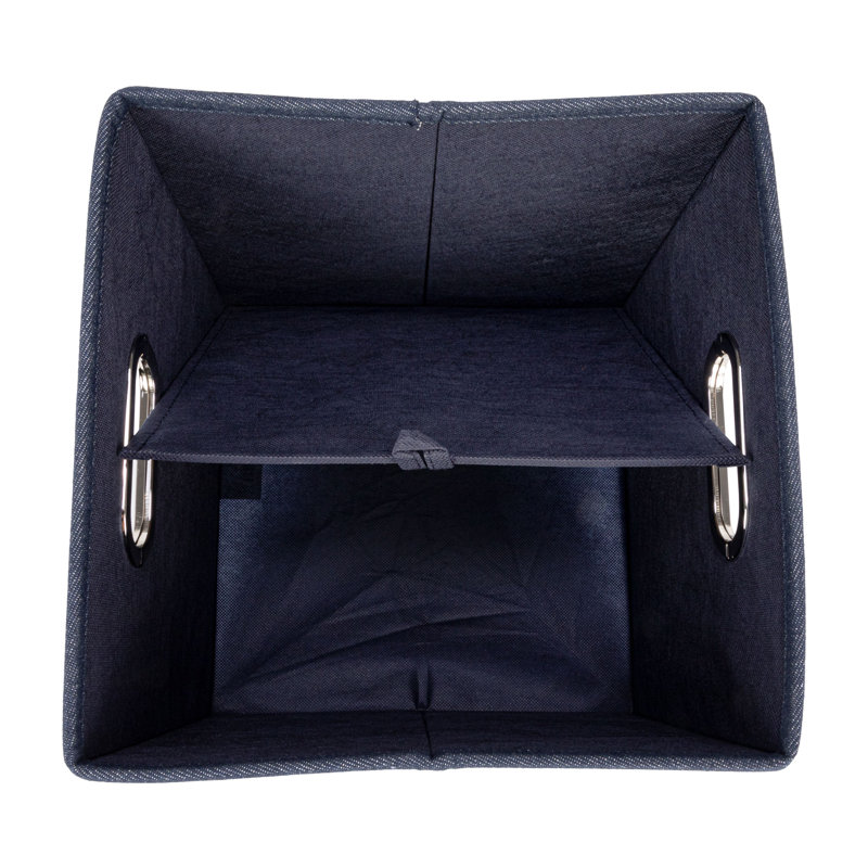 Denim Blue Cotton Blend Collapsible Cube Storage Box with Metal Handles