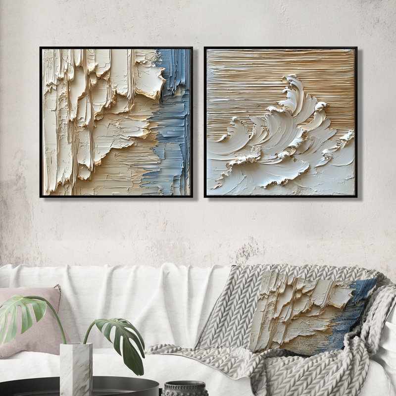 «Ascendant Light of Cream Waves Waters III» - art mural moderne - ensemble d'art mural abstrait 2 pièces, H 36 po x l 73 po