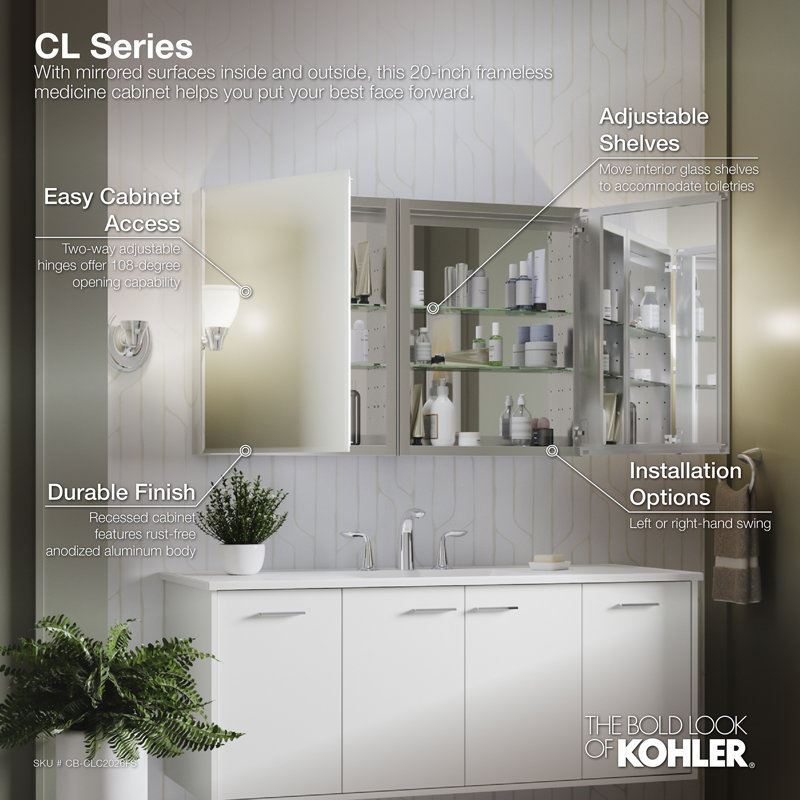 Recessed or Surface Mount Frameless Aluminum Medicine Cabinet Adjustable Shelves, 26" H x 20" W x 4.81" D