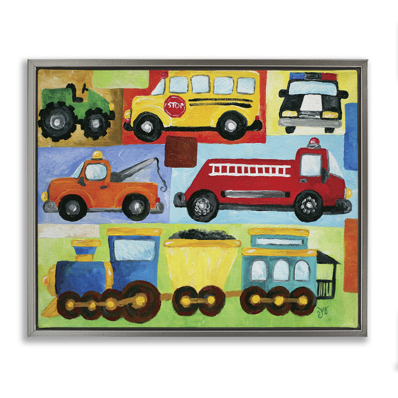 Collage de transport fantaisiste, Cadre flottant gris lustré, H 17 po x l 21 po