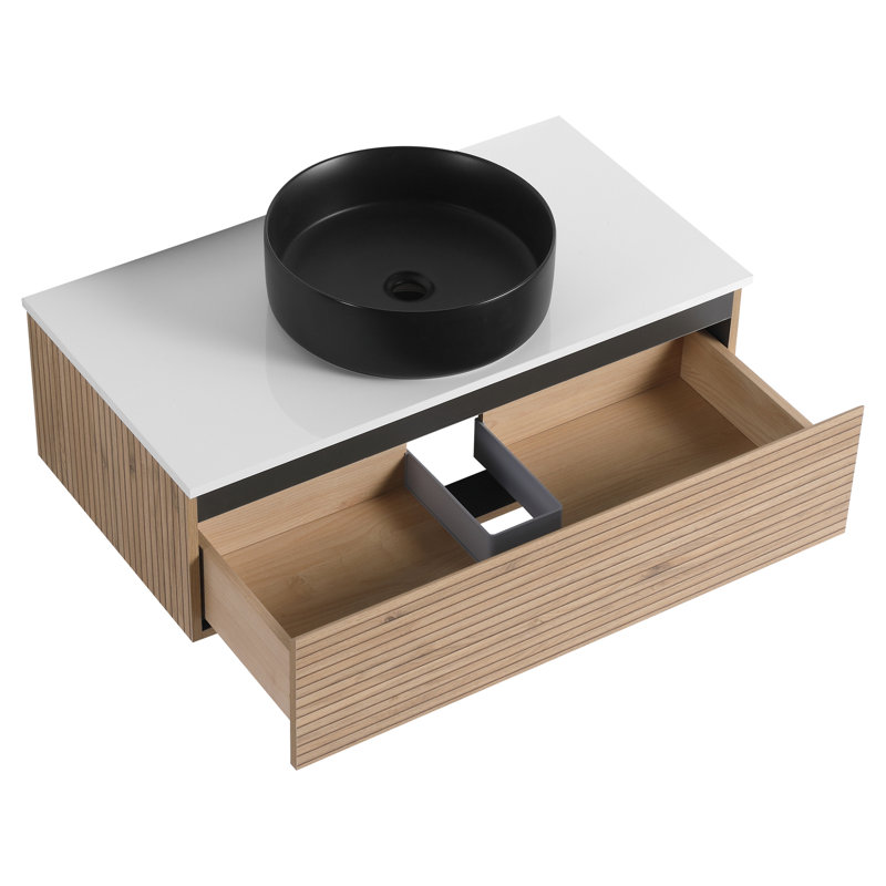Meuble-lavabo de 36 po avec lavabo en céramique Art Black et tiroir à fermeture en douceur, design moderne chic, couleur café, matériau en contreplaqué, poignées de tiroir biseautées à extension aux 2/3,