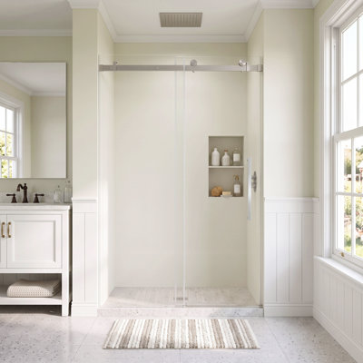 Porte de douche coulissante sans cadre, 112-122 cm L x 193 cm H, finition nickel brossé, verre trempé transparent de 6 mm, film anti-explosion, poignée en acier inoxydable, rail tubulaire carré