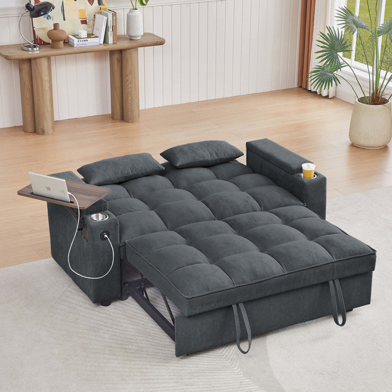 Chenille Loveseat Sleeper Sofa Bed With Storage Armrest ,USB Port ,Side Table, Dark Gray