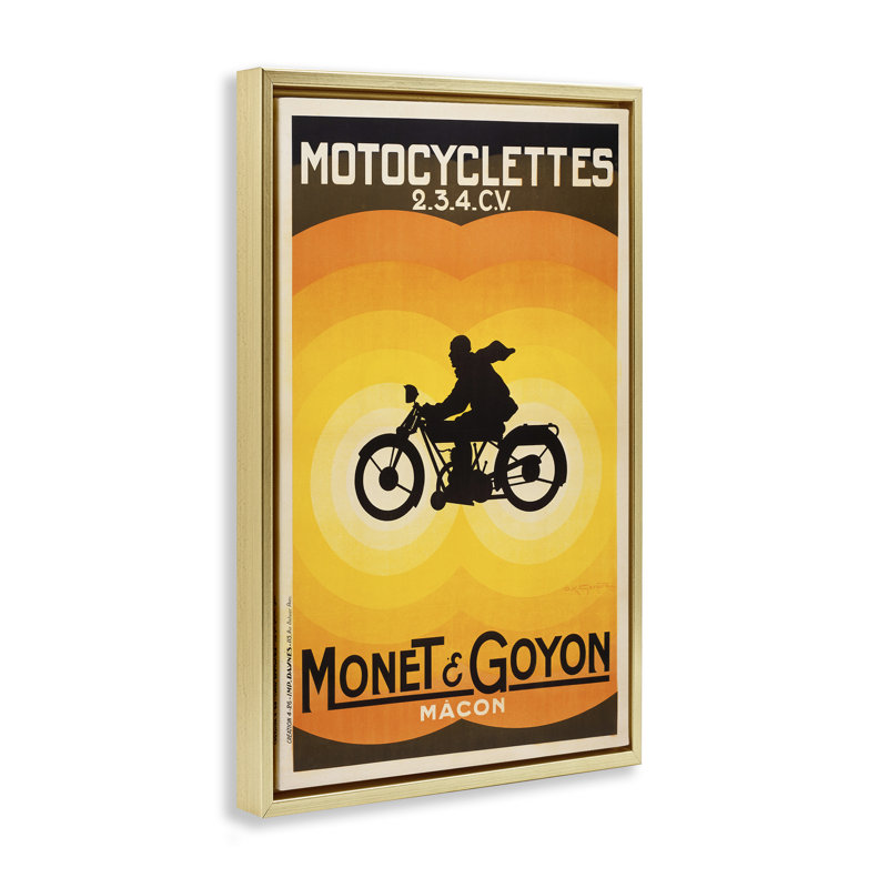 Cadre flottant rétro avec publicité de moto, design par Marcus Jules, H 25 po x l 17 po, Cadre flottant métallique doré