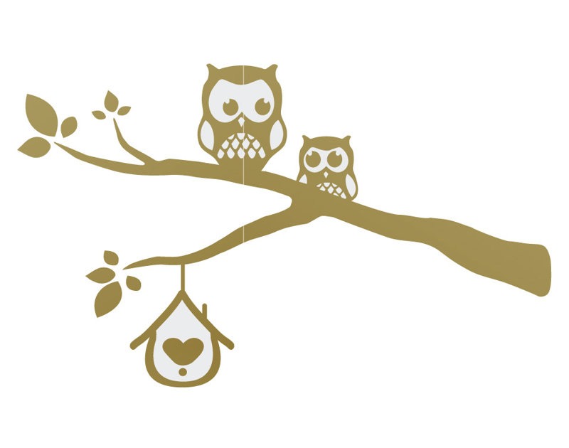 Décalcomanie murale owls sur une branche, H 24 po x l 40 po x P 0,01 po, Or