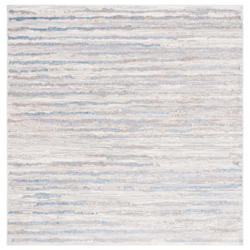 Minkley Striped Gray/Blue/Ivory Area Rug, Square 6'7"
