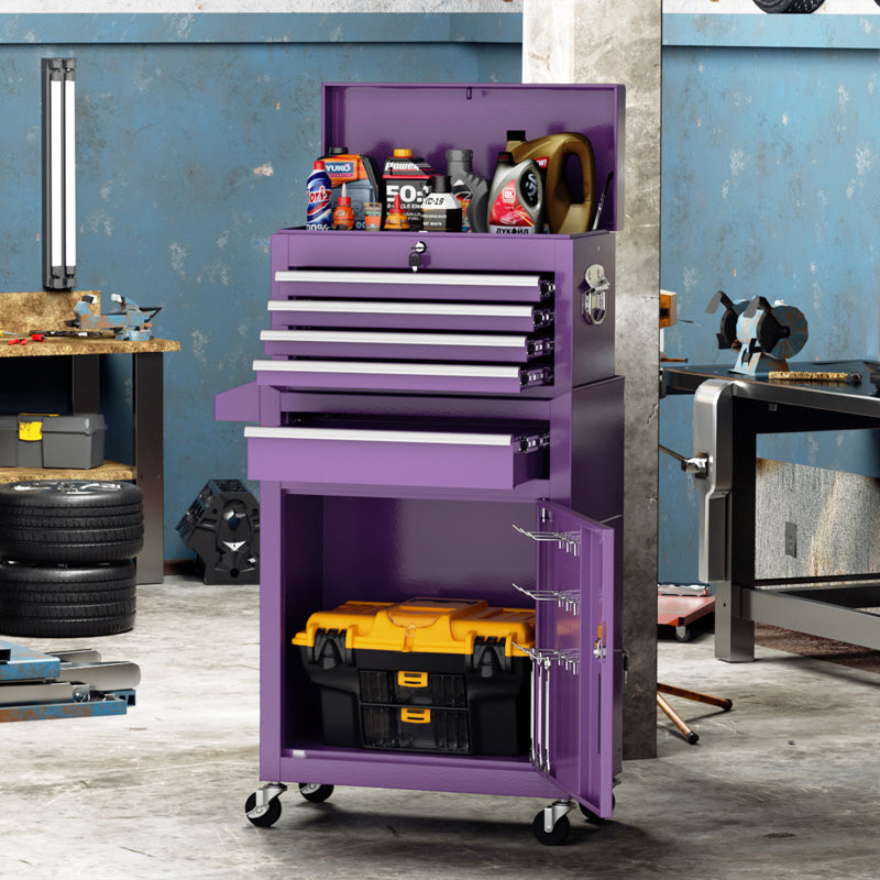 5 Drawers Rolling Tool Chest , 2-in-1 Detachable Metal Tool Cabinet with Lockable Wheels, Purple