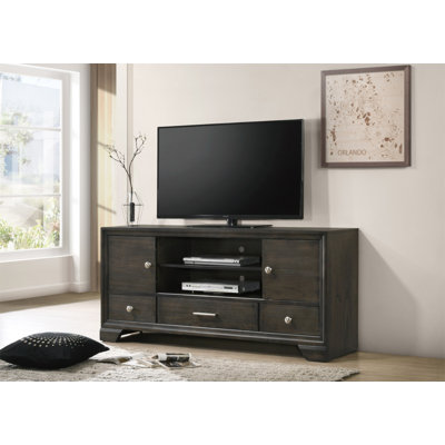 Contemporary TV Stand 1Pc Rich Dark Finish Metal Hardware Sliding Doors Open Shelves Lower Drawers Wooden Living Room Furniture Brown