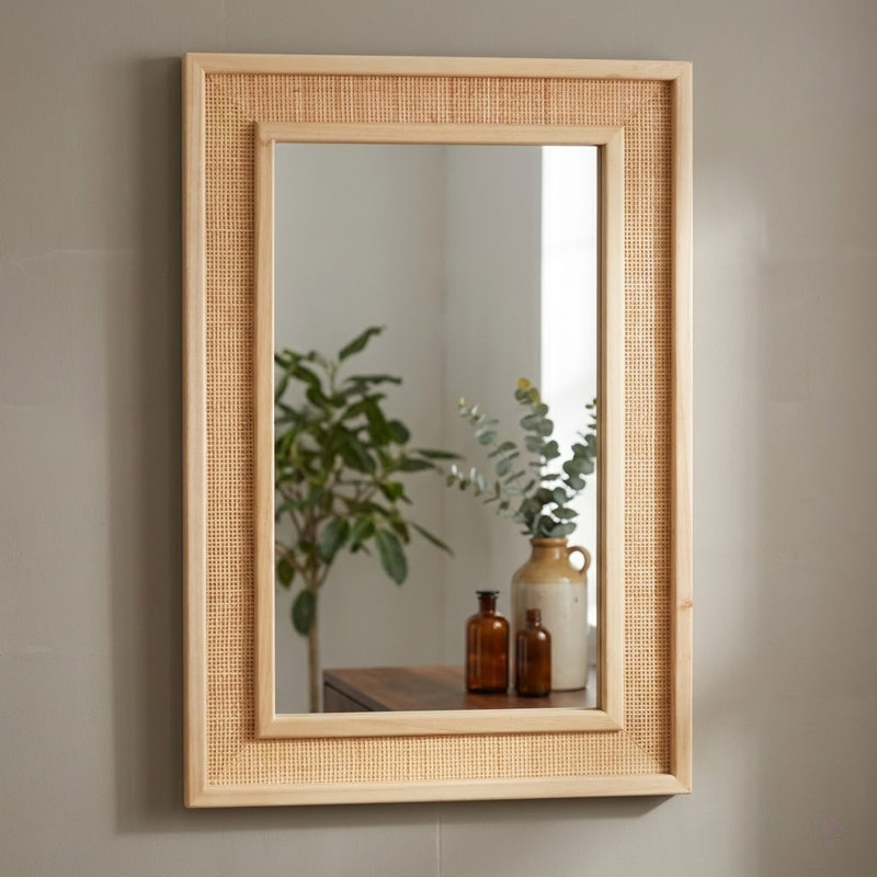 Rustic Rattan & Solid Wood Rectangular Wall Mirror, 20"W x 30"H, Natural Wood