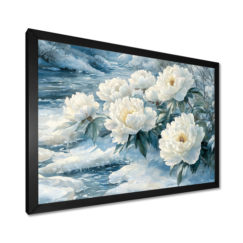 Loftin Winter Pivoines par la glace, rivière couverte II - pivoines, art mural, Reproduction encadrée d'une seule photo