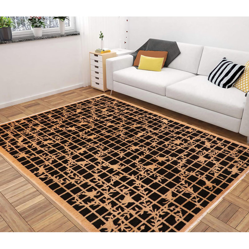 Tapis géométrique noir en laine noué à la main à motif géométrique 5 pi 10 po x 8 pi 9 po Baccio