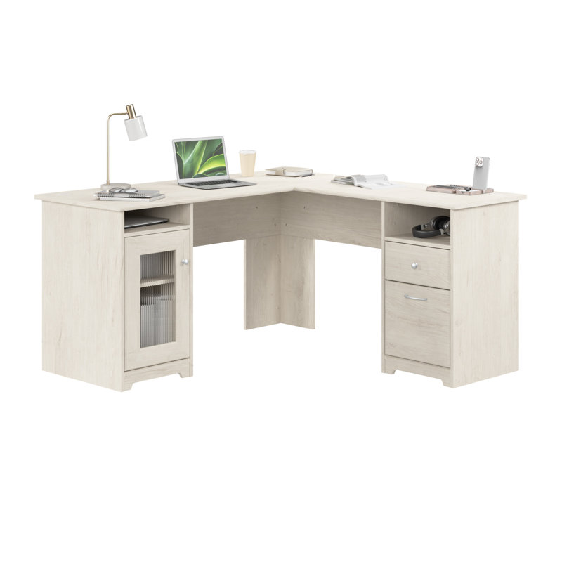 60W L Shaped Computer Desk with Storage in Linen White Oak, Linen White Oak