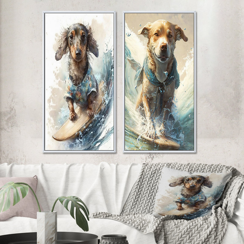 «Dog Surfing», 2 pièces, Cadre blanc, H 20 po x l 24 po