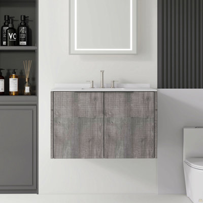 Meuble-lavabo flottant 36 po avec lavabo 36 po, porte à fermeture douce, comptoir et dosseret en marbre de culture blanc de Carrare de 0,6 po, contreplaqué, gris