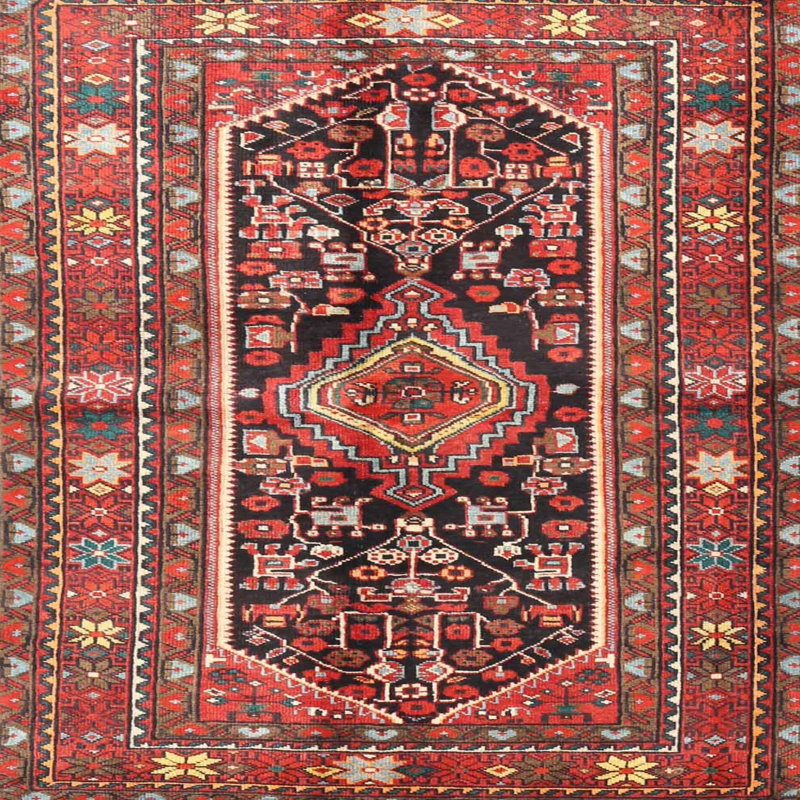 Tapis traditionnel mehroon/noir/crème, Carré 5 pi