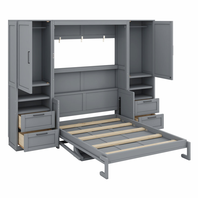Lit escamotable Murphy avec placard, tiroirs et tablettes, Gris, Double