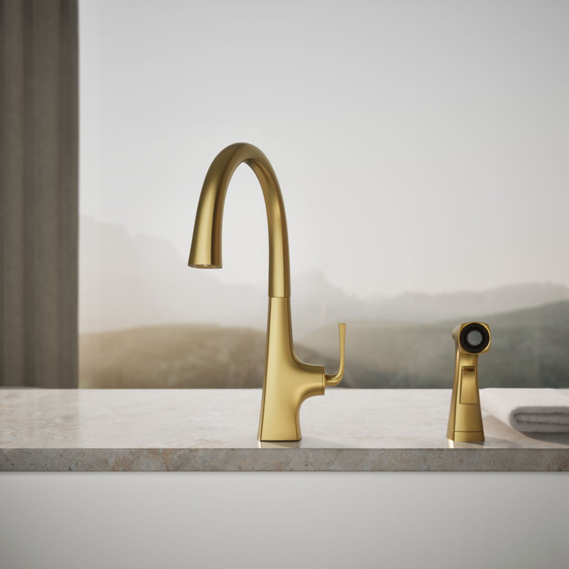 Graze Kitchen Sink Swing Spout Faucet With Sidespray, Vibrant Brushed Moderne Brass