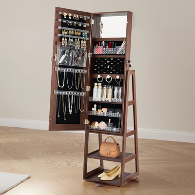 Armoire à bijoux pivotante à 360 °, miroir pleine grandeur de 61 pouces de hauteur avec rangement, organisateur d'armoire à bijoux rotatif sur pied, porte verrouillable avec 2 clés, pochettes à accessoires et tablettes de rangement