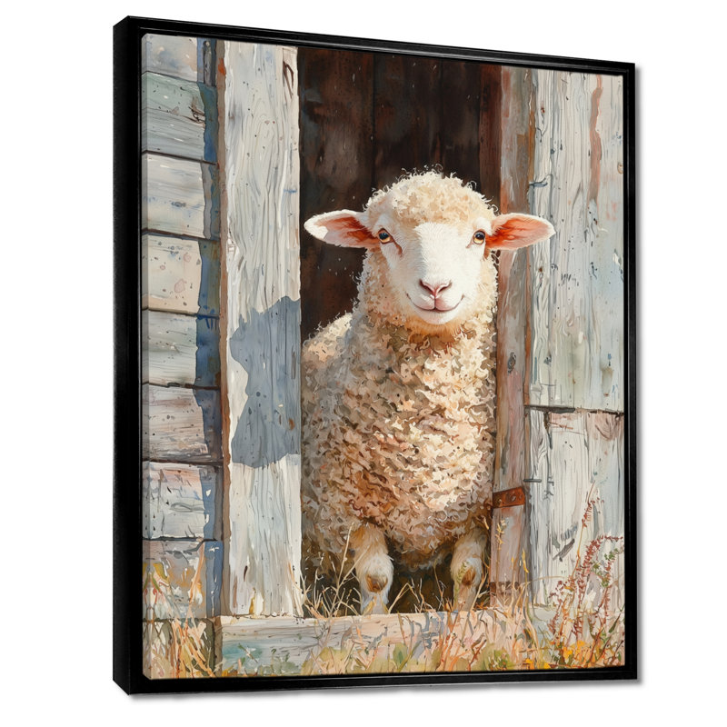 Donneisha Sheep Portrait At The Barn - Sheep Wall Art, Noir, Impression encadrée flottante, H 20 po x l 12 po
