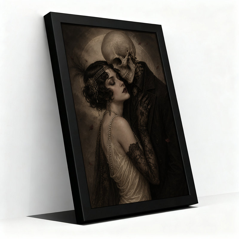 Flapper, femme embrassant un homme squelette sous la lune, art mural sur toile, 36"H x 24"W