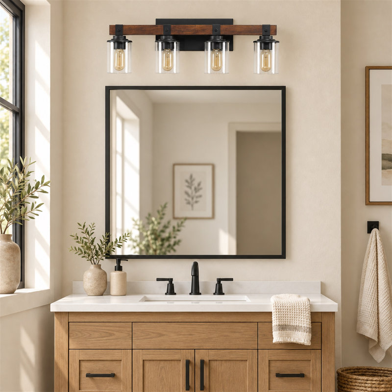 Applique murale rustique à 4 lumières avec accents en noyer et abat-jour en verre transparent, 4-Light