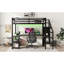 Lit mezzanine double en métal noir avec bureau, rangement et DEL pour une utilisation polyvalente en garde-robe