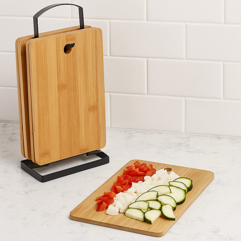 Set of 6 Wooden Chopping Boards with Stand Bamboo Kitchen Cutting Board Set