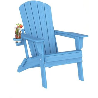 Folding Adirondack Chair With Cup Holder,SGS Tested,Heavy All-Weather,Wooden Textured,HDPE Outdoor Chairs For Patio Backyard Fire Pit, Light Blue