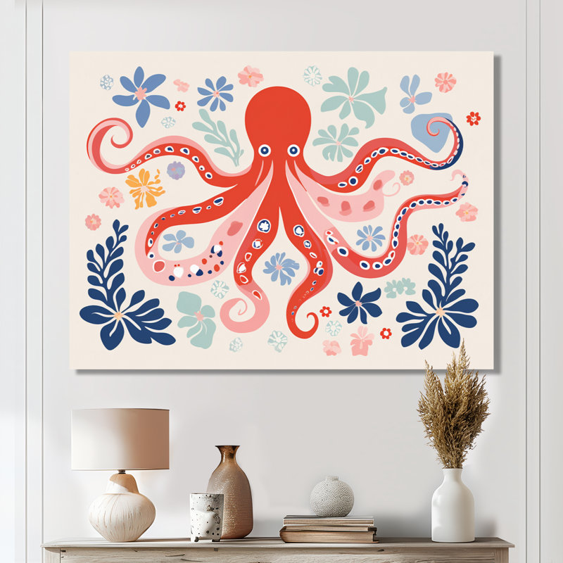 Illustration rétro de la pieuvre rouge océan profond - pieuvre / calmar, Toile tendue, H 12 po x l 20 po