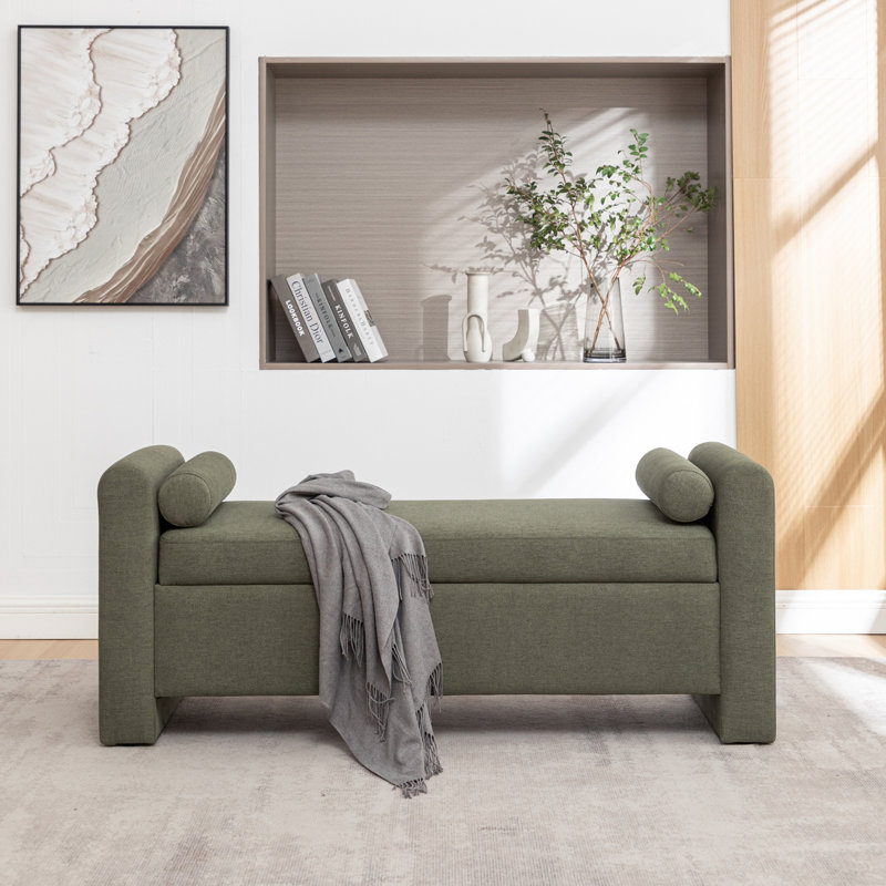 Banc de rangement rembourré en polyester Lataja, Vert forêt, H 24 po x l 57 po x P 19,7 po