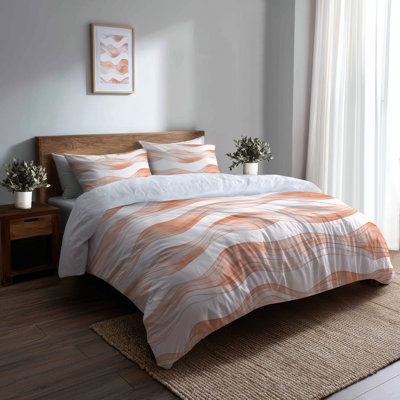 Abstract Bedding Set 3 Pcs - Modern Orange And White Terra Lines Duvet Cover And Throw Pillow Set