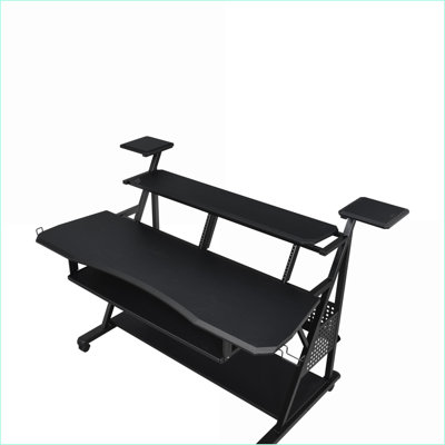 Music Desk with Keyboard Tray &amp; Speaker Shelves | Black Finish | Synthetic Wood
