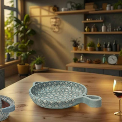 8" Aqua Patterned Clay Frying Pan