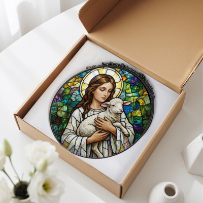 Saint And Lamb Stained Glass Window Panel，12"H