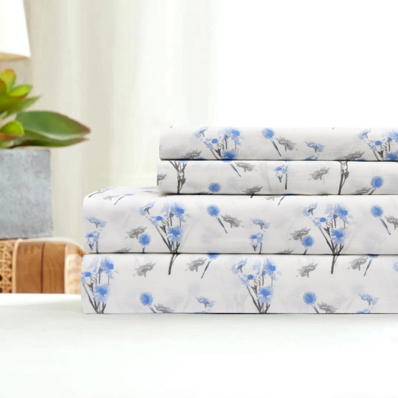 100% Cotton Full Size Bed Sheets Set with Deep Pockets, Cozy Percale sheets with Elastic Fitted Sheet 4 Piece Bedding and Pillowcase set, Blue Gray Floral