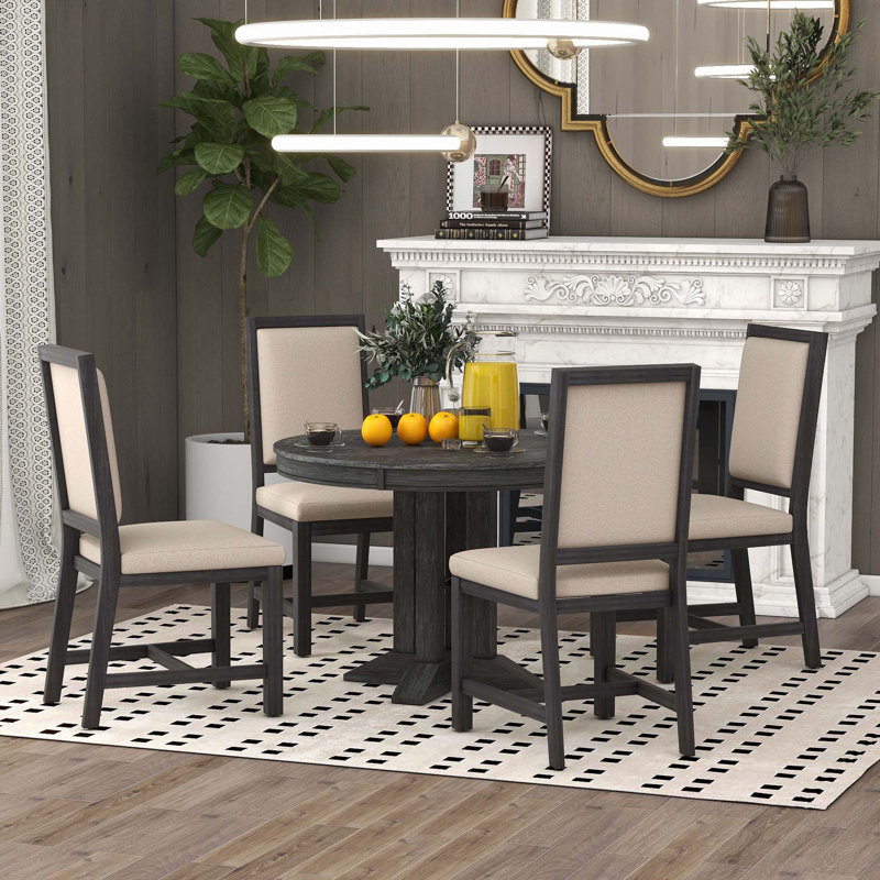 Ensemble de salle à manger 5 pièces avec table ronde et 4 chaises rembourrées, Noir
