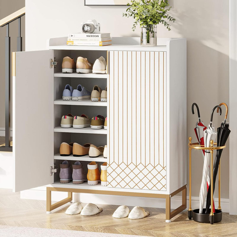 Armoire à chaussures 29,52 pouces blanc et or avec portes, range-chaussures 5 niveaux, Noyer / doré