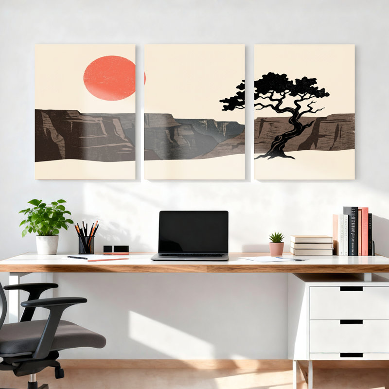 Ensemble de 3 tableaux sur toile tendue représentant un paysage désertique avec soleil rouge et silhouette d'arbre, 2436