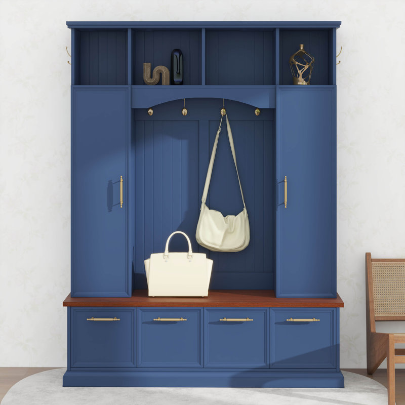 Arbre d'entrée avec crochets et poignées dorés, banc d'entrée pratique en noyer avec tablettes réglables, porte manteau et porte-chaussures style maison de campagne