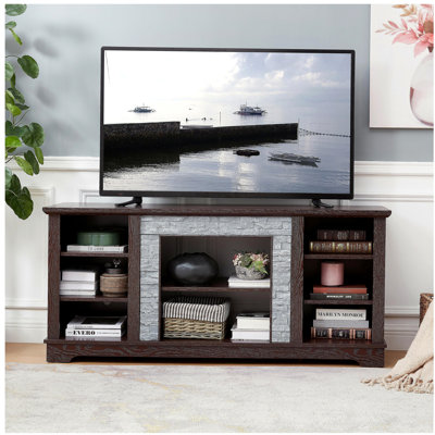 Meuble télé avec balustres en forme de pierre, meuble de divertissement moderne, avec espace de rangement ouvert, bois de cerisier, l 58,31 po x P 15,39 po x H 26,06 po