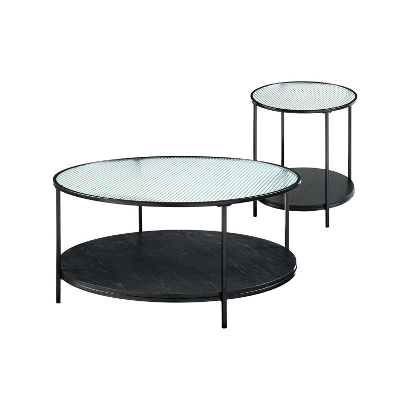 Mobilier moderne: table d'appoint 2 pièces avec plateau en verre noir et base intérieure en métal: