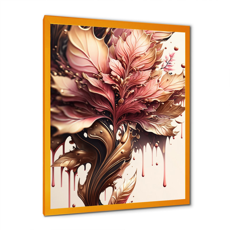 Abstrait rose et feuilles d'or I - reproduction sur toile, Toile encadrée dorée avec coins fermés, H 20 po x l 12 po x P 1 po