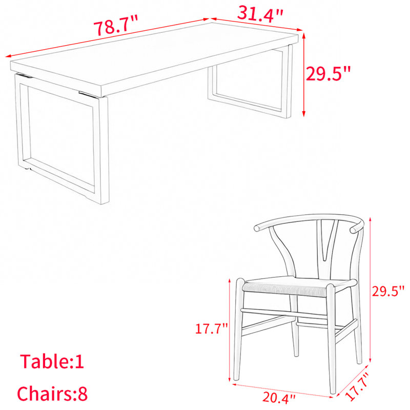 Ensemble de table de salle à manger en bois massif de style nordique, H 29,5 po x L 78,7 po x l 31,4 po